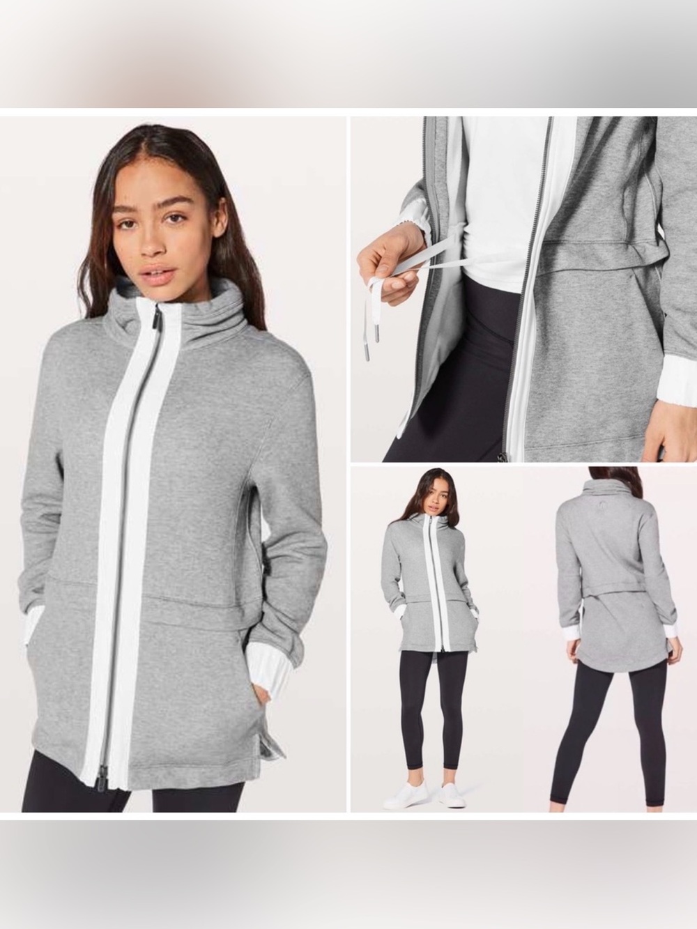 lululemon athletica Light Grey Funnel-Neck Zip Hoodie with White Trim